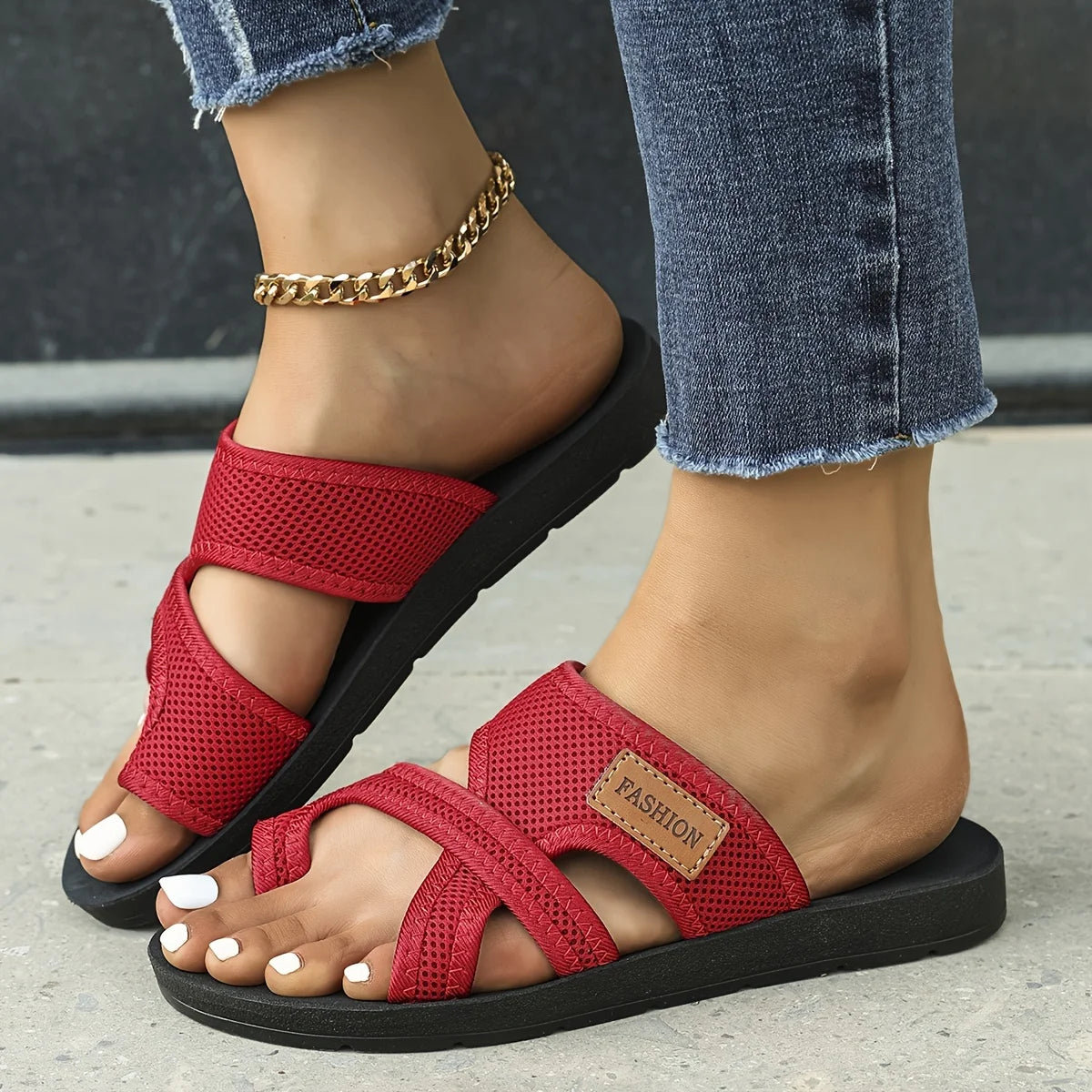 Women's Hollow Mesh Slide Sandals, Casual Loop Toe Flat Summer Shoes, Lightweight Slide Sandals